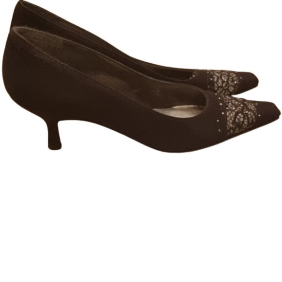 Stuart Weitzman 7.5N Red Carpet Chic black square toe rhinestone kitty heel pump - Picture 4 of 6